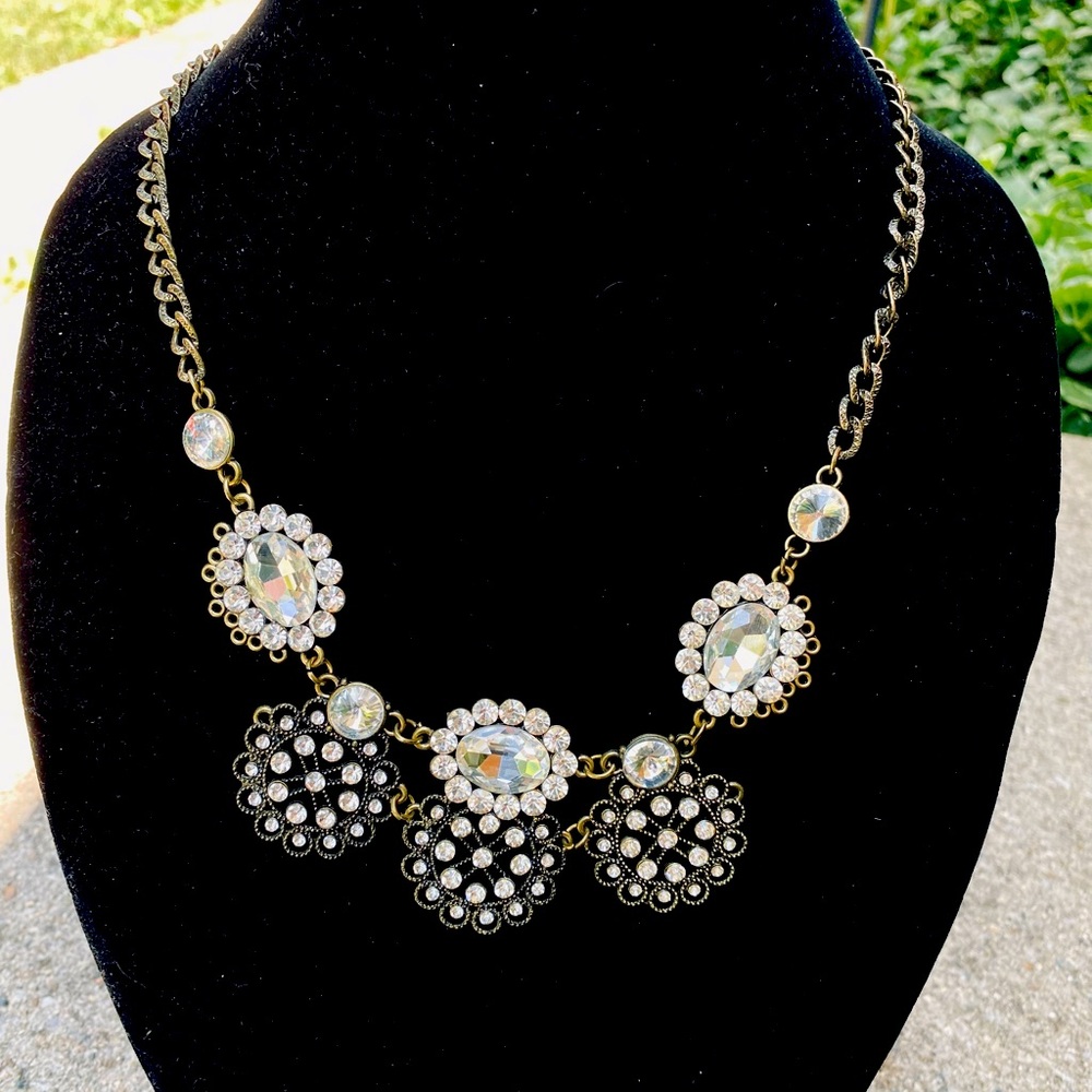 Marley Lilly Rhinestone Faux White Crystal Statement Necklace Antiqued